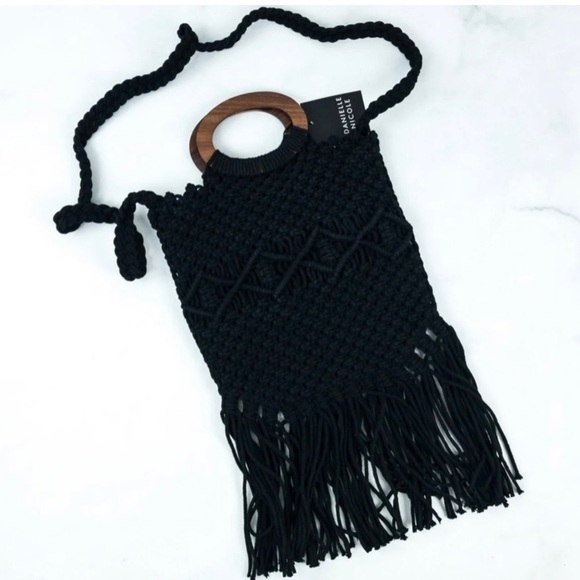 Danielle Nicole Black Macrame Handbag/Shoulder Bag - Picture 1 of 4